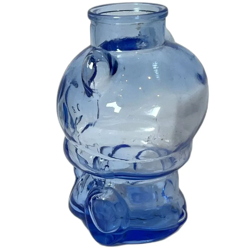 Vintage Morning Glory Blue Glass Bear Jar Vase Art Glass Bottle 76019 No Stopper